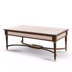 Elegant traditional coffee table with marble top and dark wood frame with brass detailing.