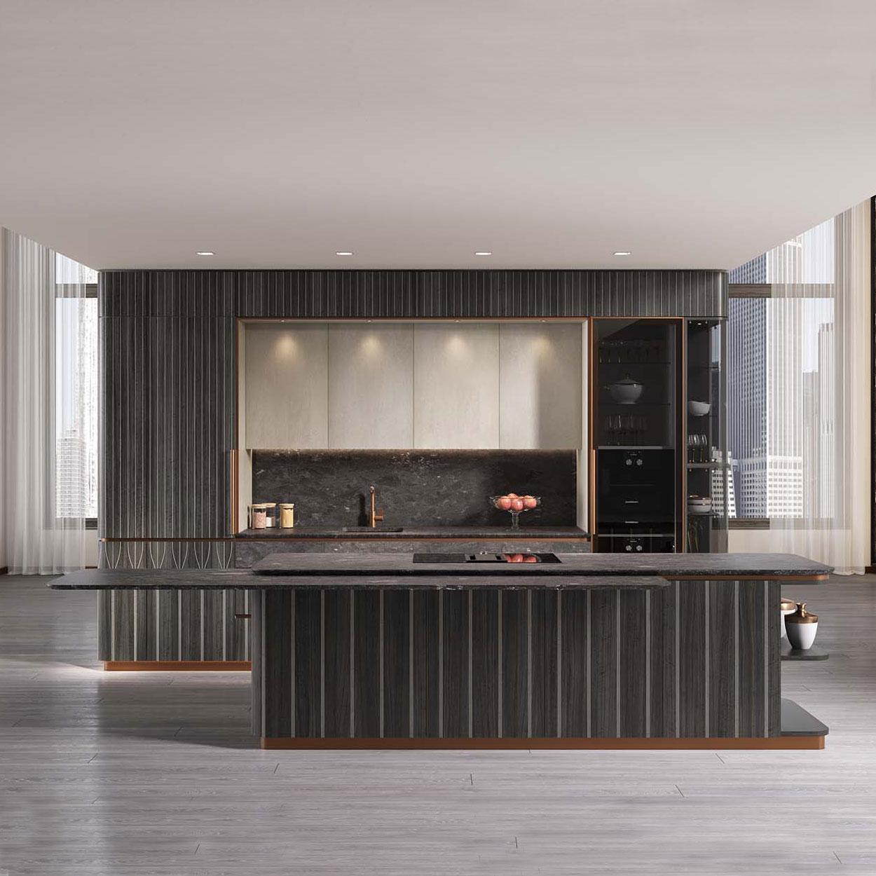 A luxury Italian kitchen featuring dark wood grain cabinetry with vertical fluting, marble countertops, brass accents, and floor-to-ceiling windows.