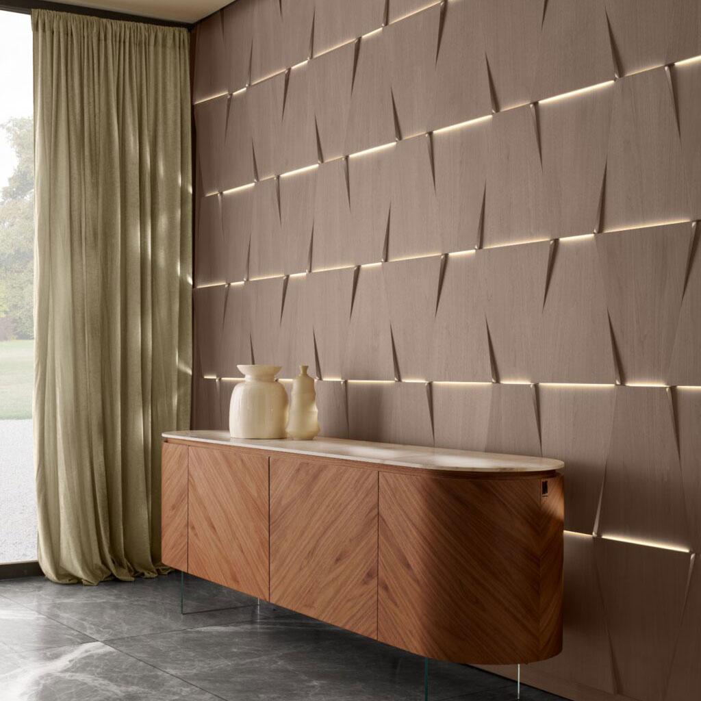 Geometric modern wood wall panels with accent lighting in a luxury living space